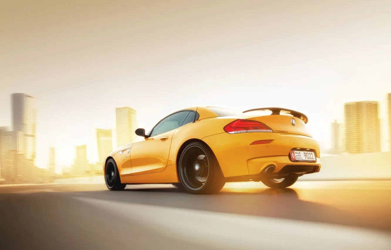 Photo wallpaper BMW, Car, Speed, Sunset, Yellow, Rear, Abudhabi