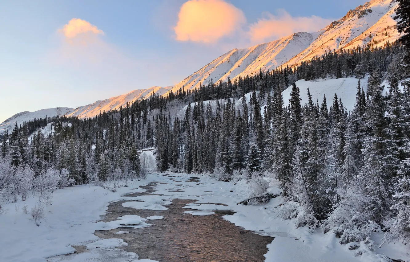 Photo wallpaper winter, mountains, river, Canada, De Bet, Yukon Territory