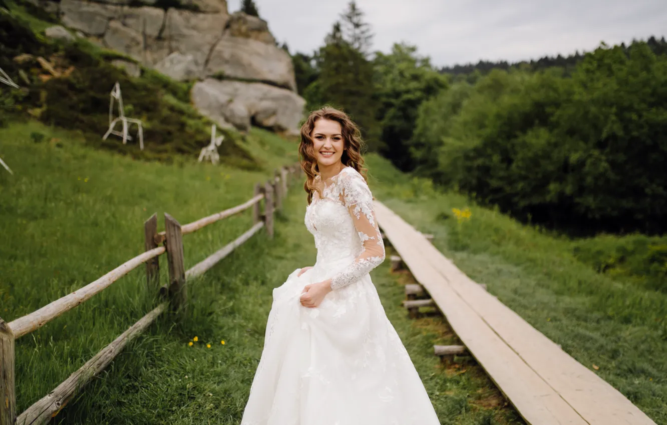 Photo wallpaper greens, white, summer, grass, girl, happiness, nature, pose