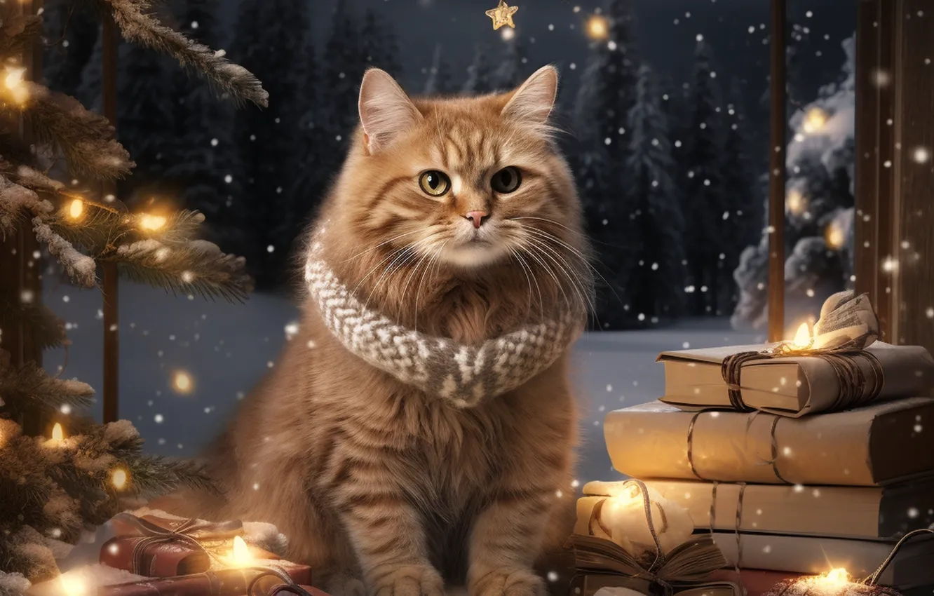 Photo wallpaper winter, forest, cat, cat, look, glass, balls, light