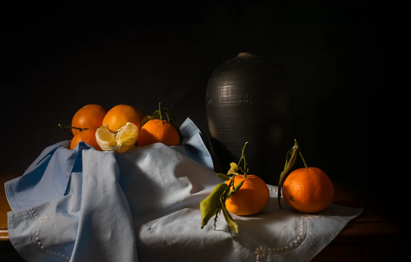 Photo wallpaper leaves, light, the dark background, table, Board, shadow, towel, pitcher