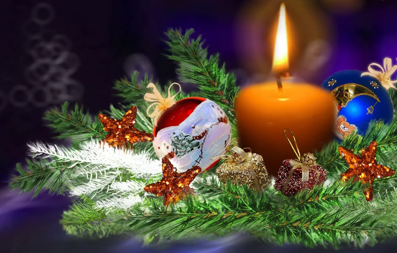 Photo wallpaper decoration, fire, balls, tree, candle, Christmas, New year, tree