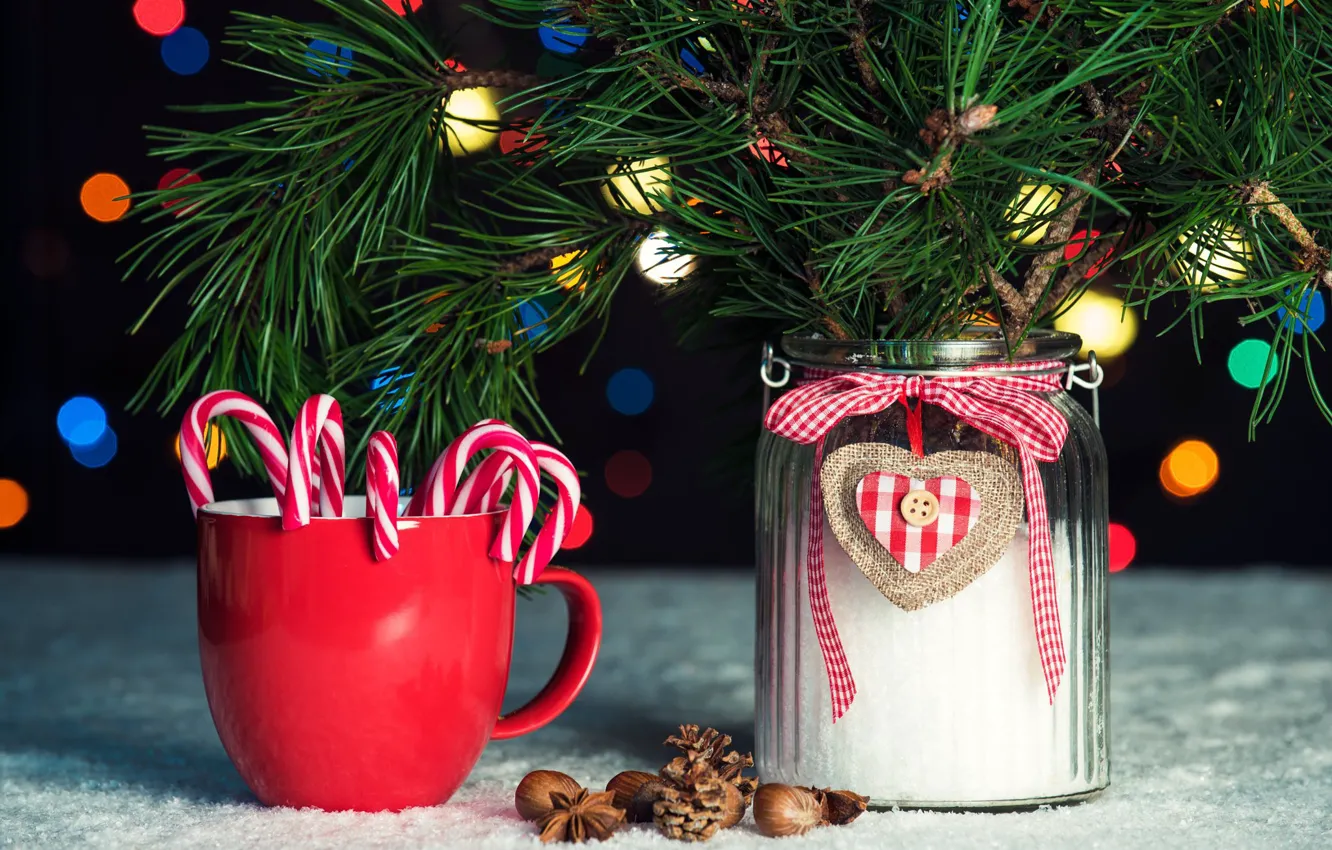 Photo wallpaper branches, holiday, new year, Christmas, candy, mug, Cup, Bank