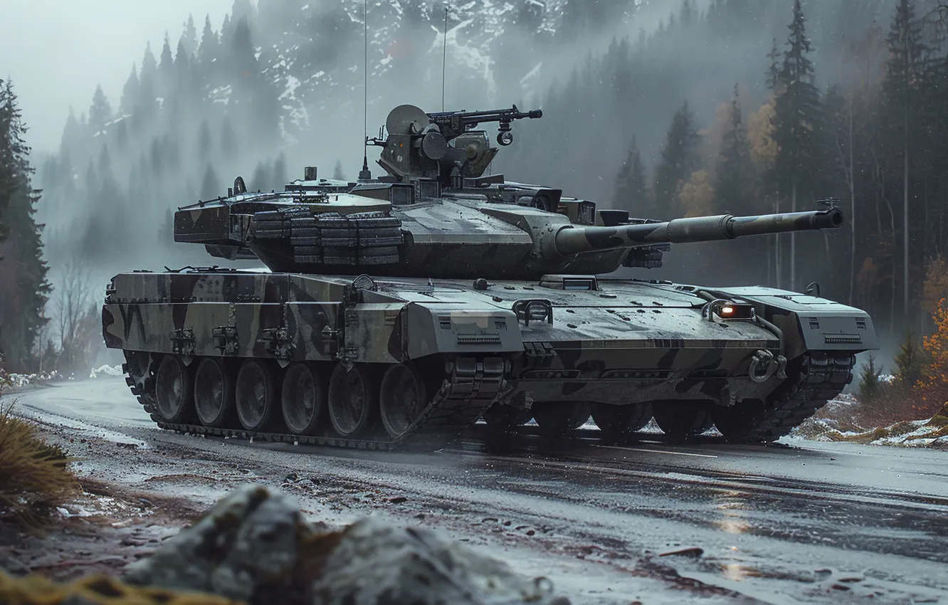 Photo wallpaper road, trees, mountains, tank, digital art, AI art, The Art of Artificial Intelligence, neural network