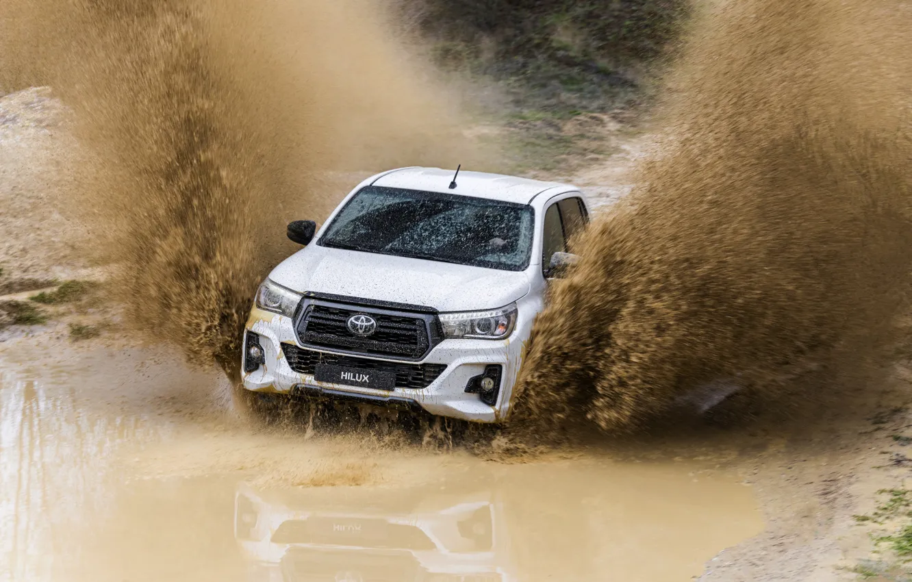 Photo wallpaper white, water, squirt, dirt, Toyota, pickup, Hilux, Special Edition