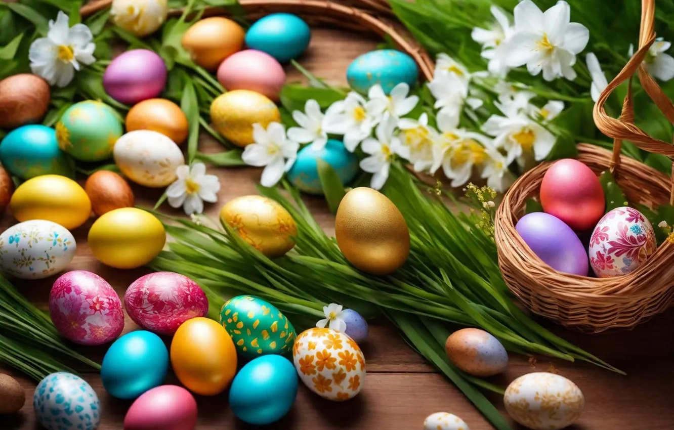 Photo wallpaper flowers, eggs, spring, colorful, Easter, flowers, spring, Easter