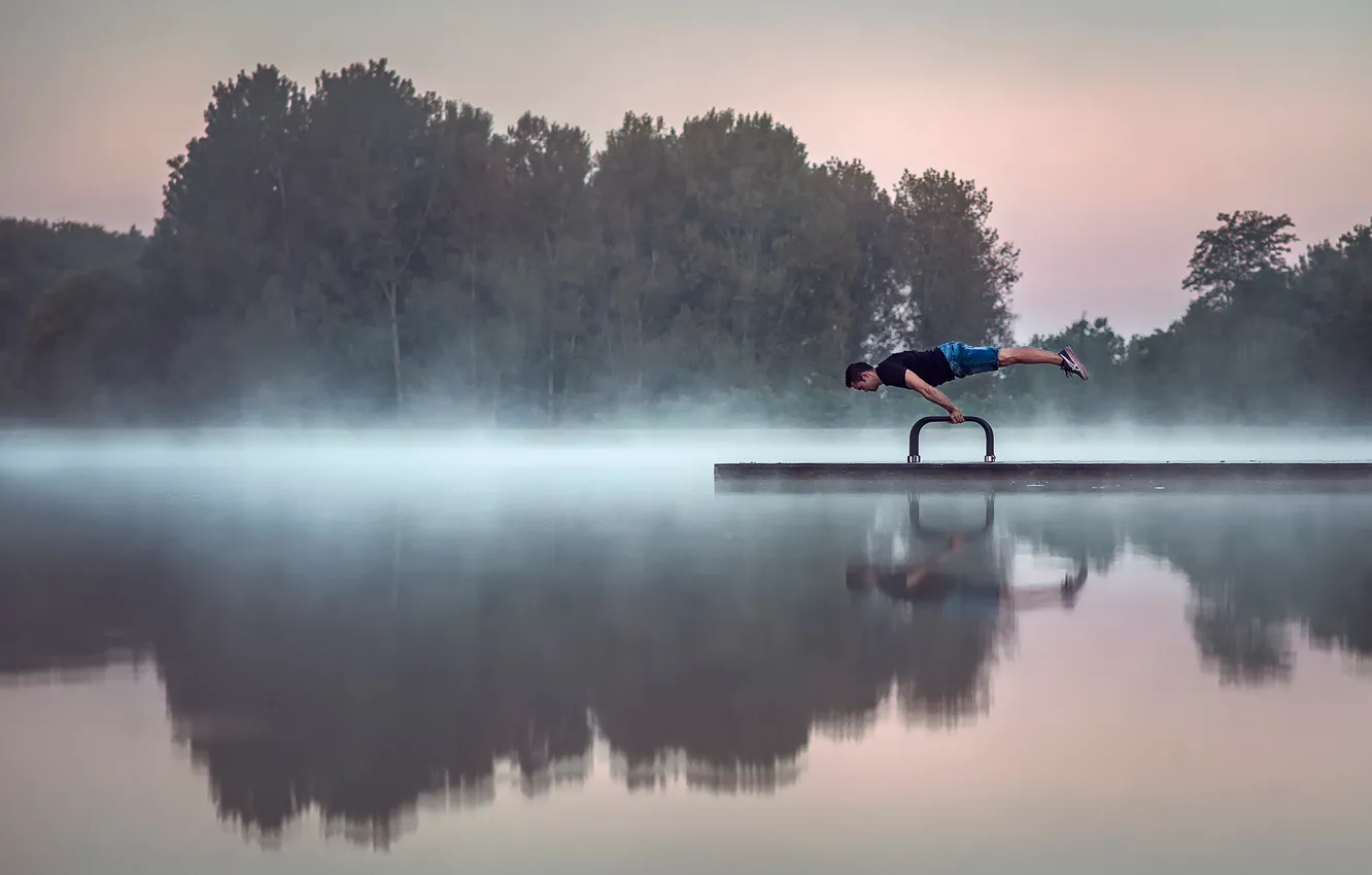 Photo wallpaper lake, morning, gymnast