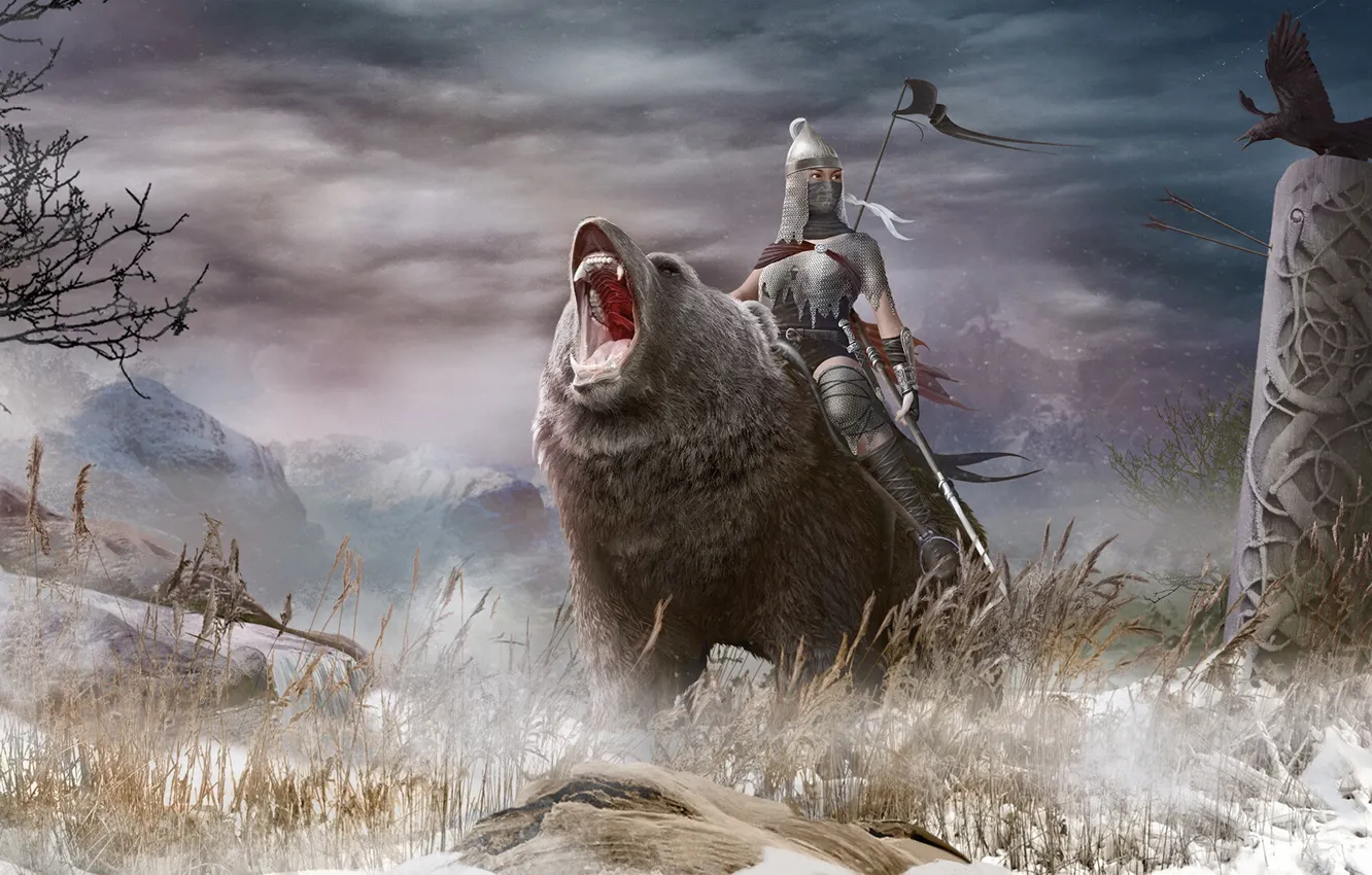 Photo wallpaper warrior, weapons, look, bear, mountains, snow, doses, girl