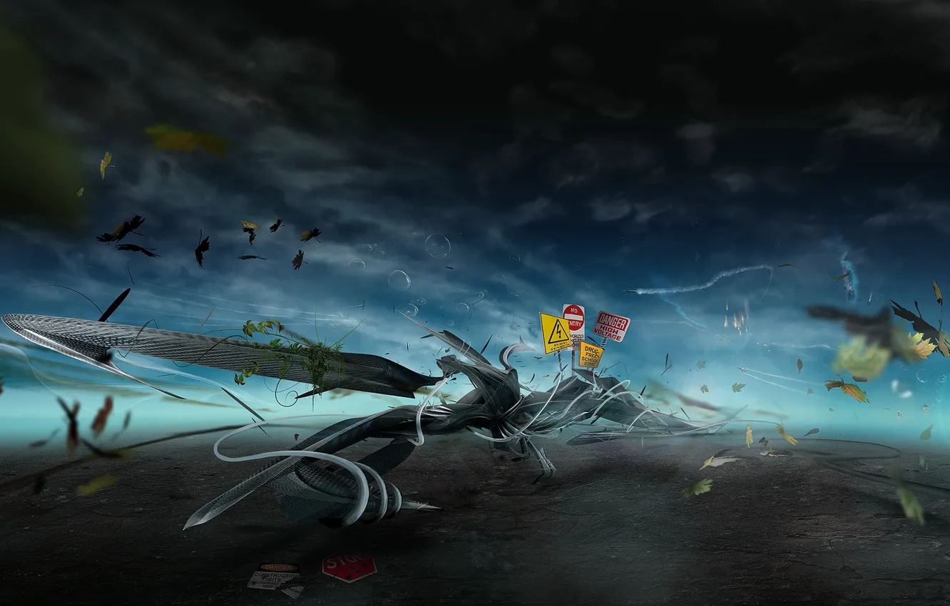 Photo wallpaper leaves, clouds, sign