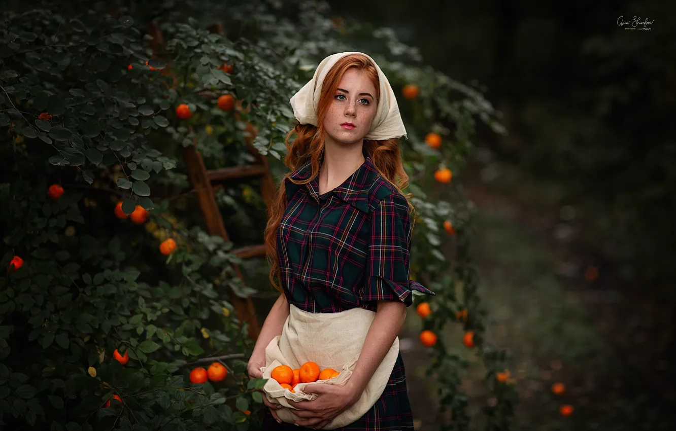 Photo wallpaper girl, trees, dress, freckles, red, solitaire, curls, tangerines