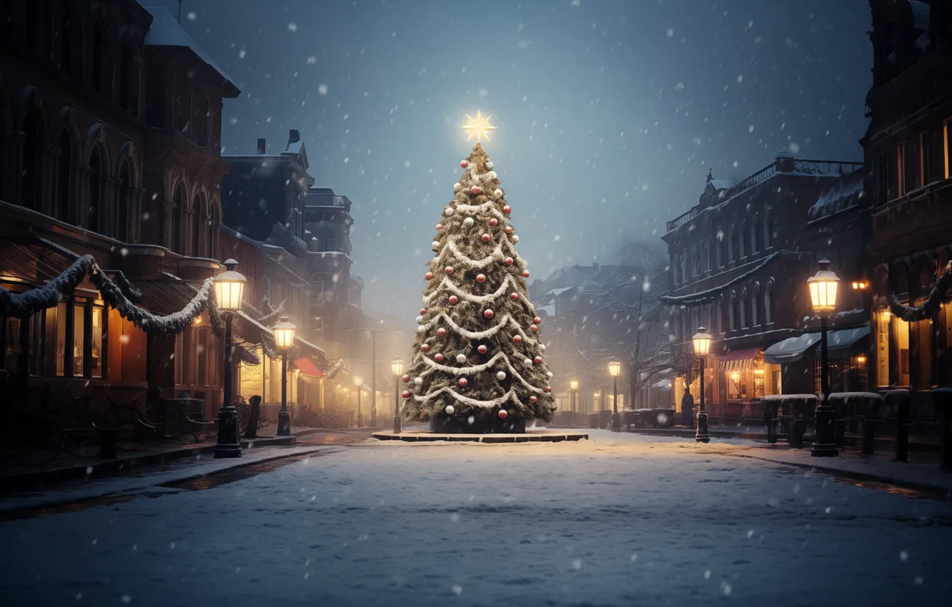 Photo wallpaper Christmas, trees, art, winter, snow, Town