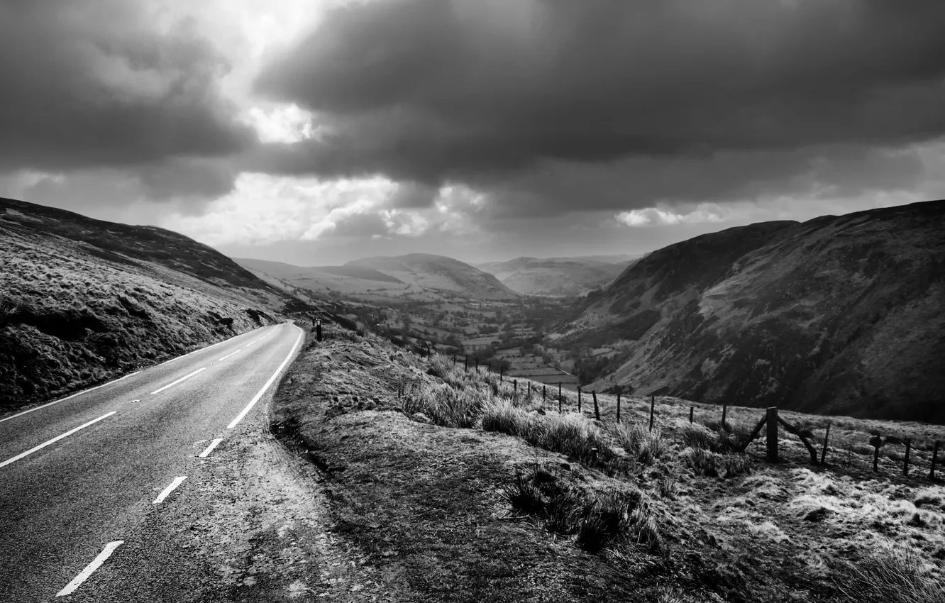 Photo wallpaper road, the sky, landscape, mountains, hills, plant, horizon