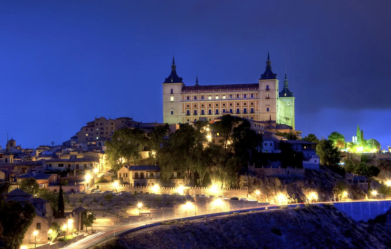 Photo wallpaper road, night, lights, home, lights, Spain, Palace, Royal Palace