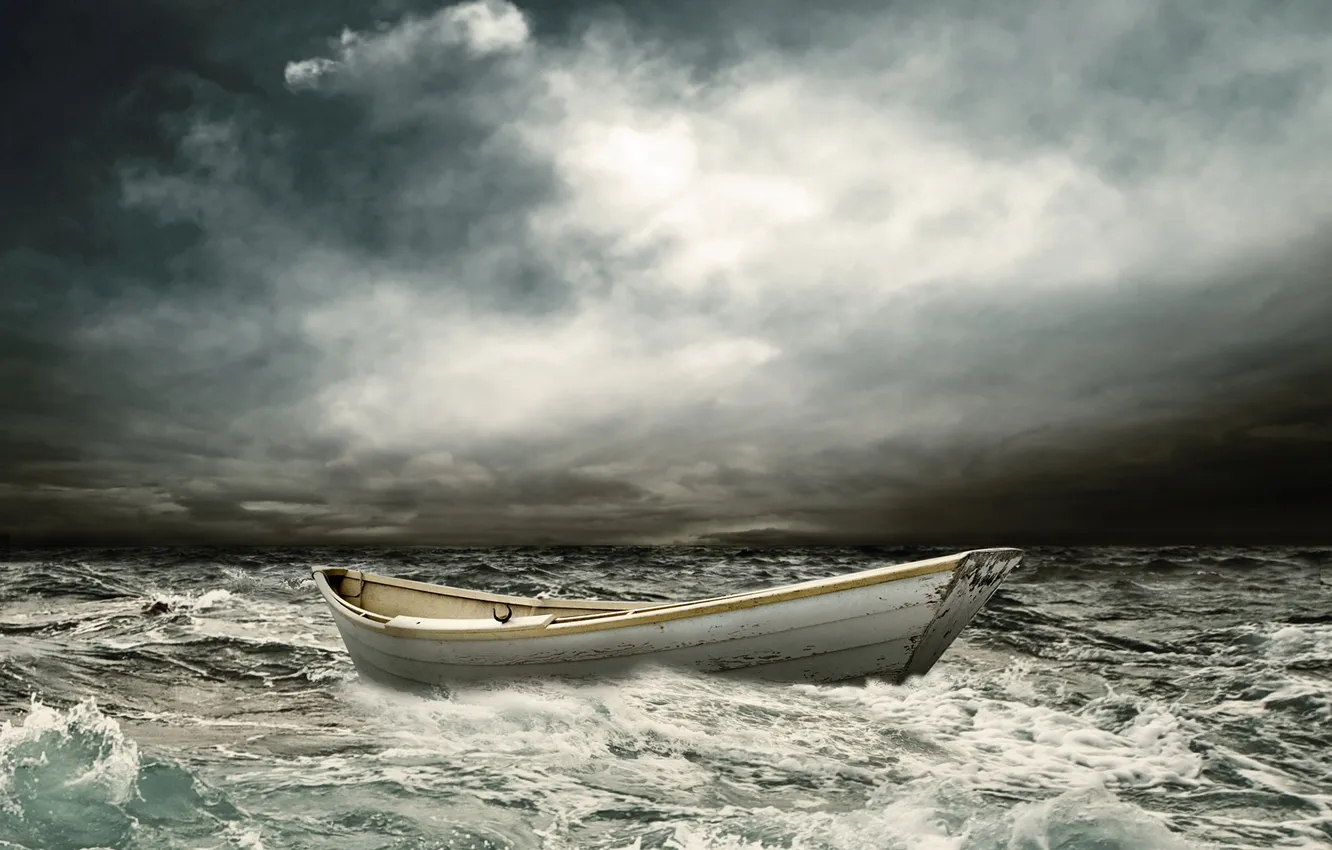 Photo wallpaper sea, wave, clouds, boat, bad weather