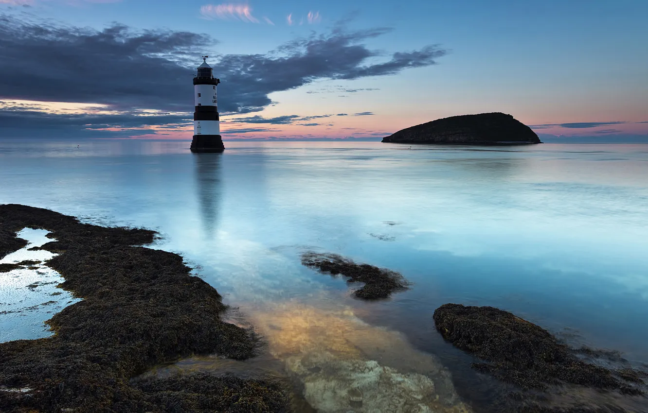 Photo wallpaper sea, clouds, stones, rocks, lighthouse, the evening