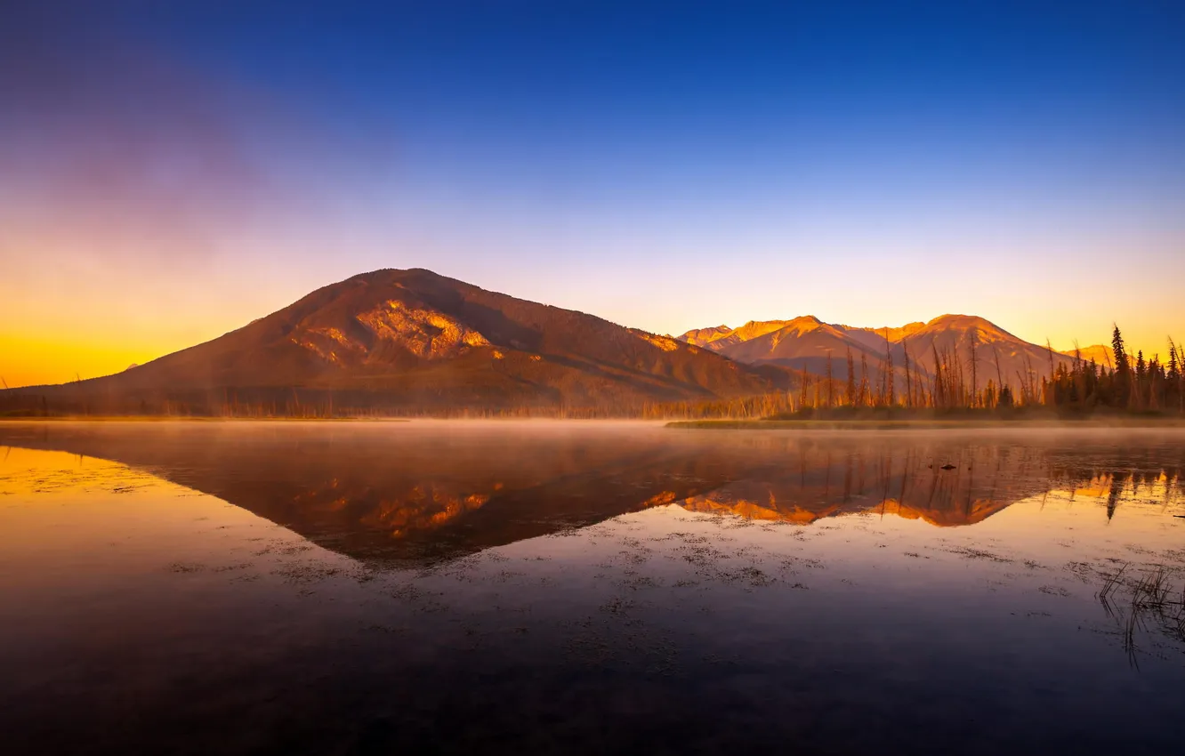 Photo wallpaper mountains, nature, lake, reflection, dawn