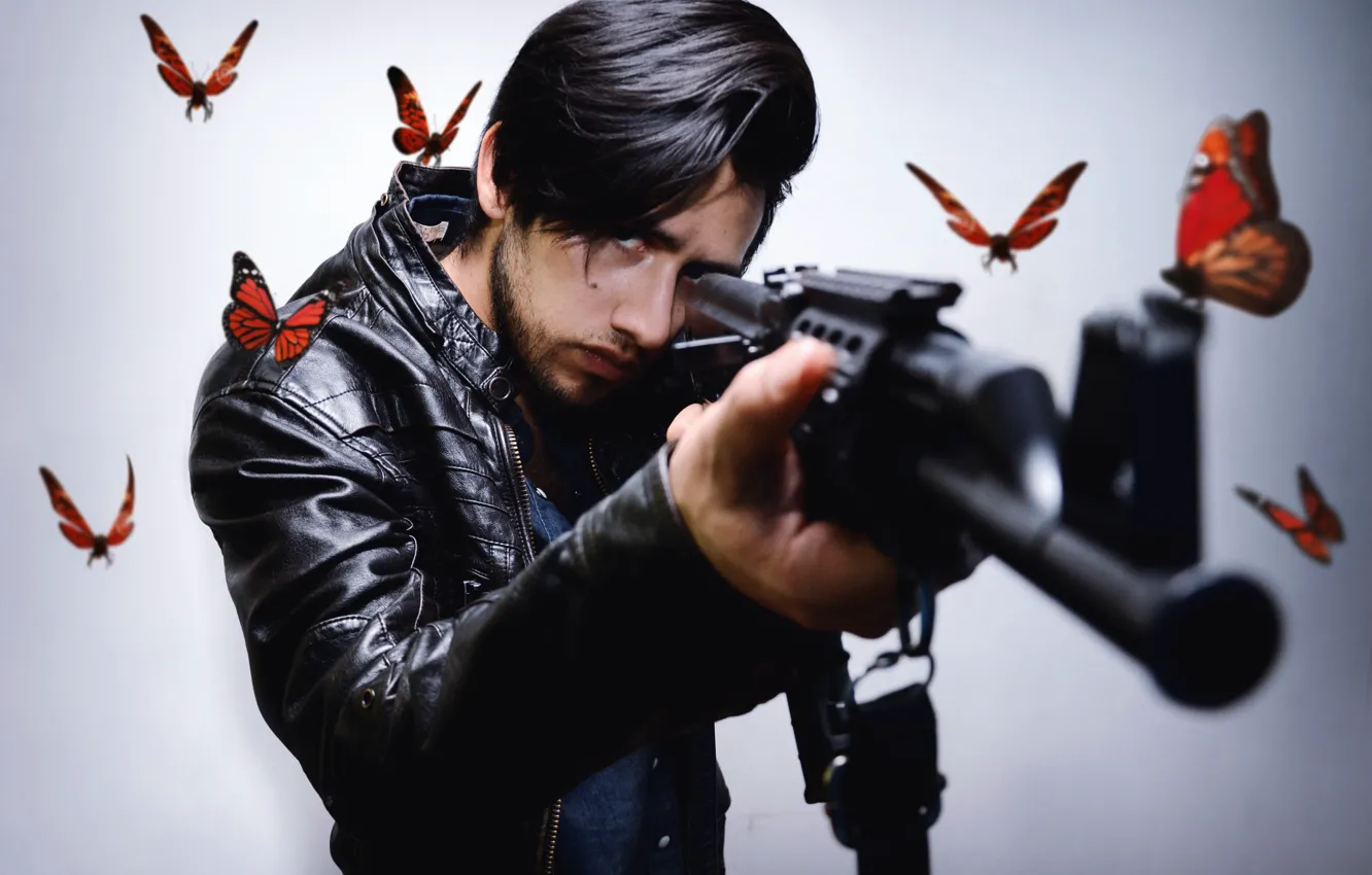 Photo wallpaper butterfly, weapons, people