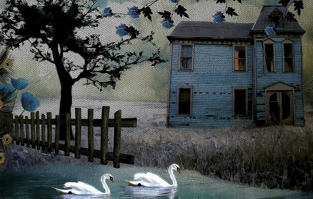 Photo wallpaper house, style, background, swans