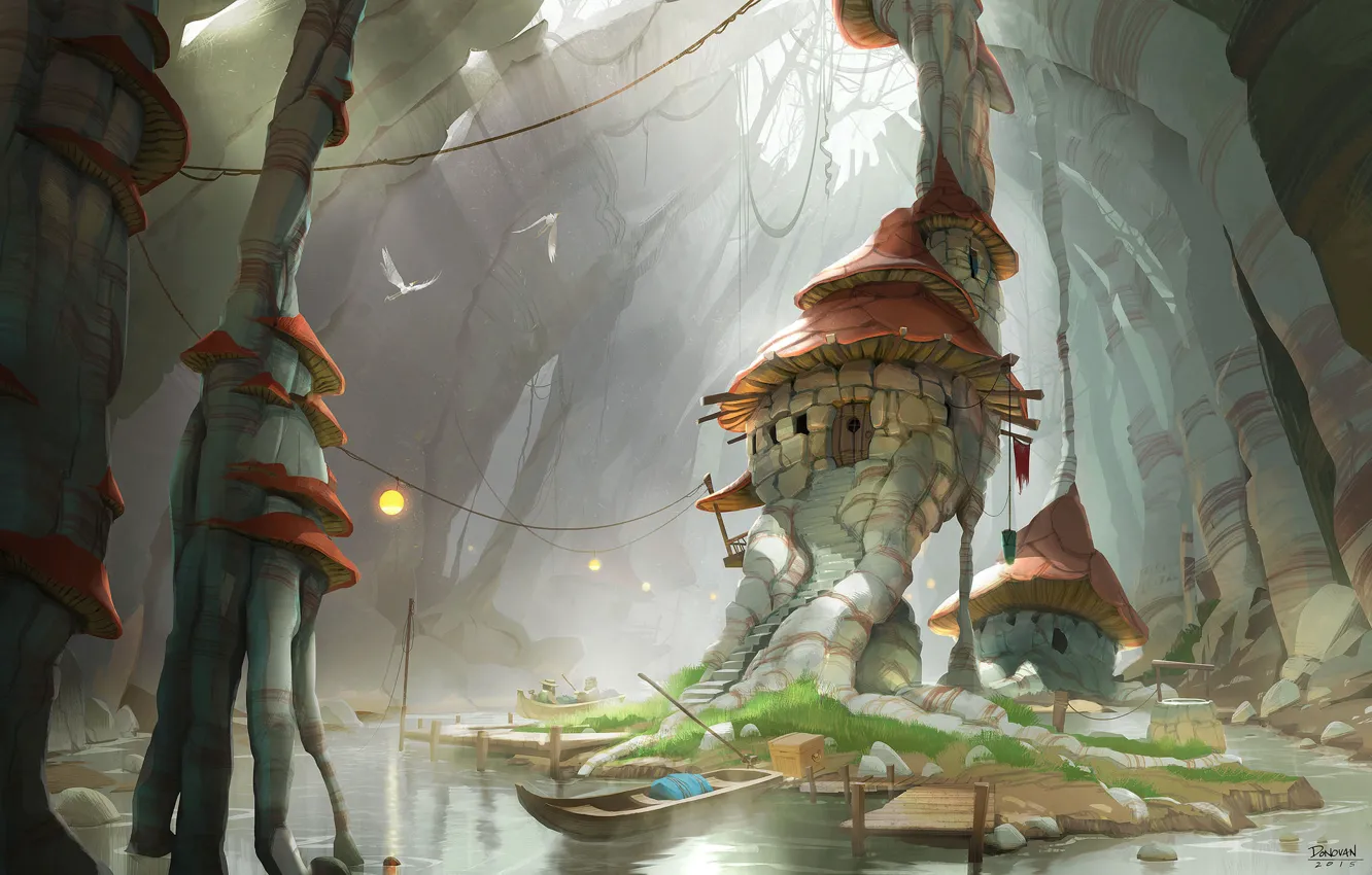 Photo wallpaper house, river, fantasy, boat, art, Donovan Valdes