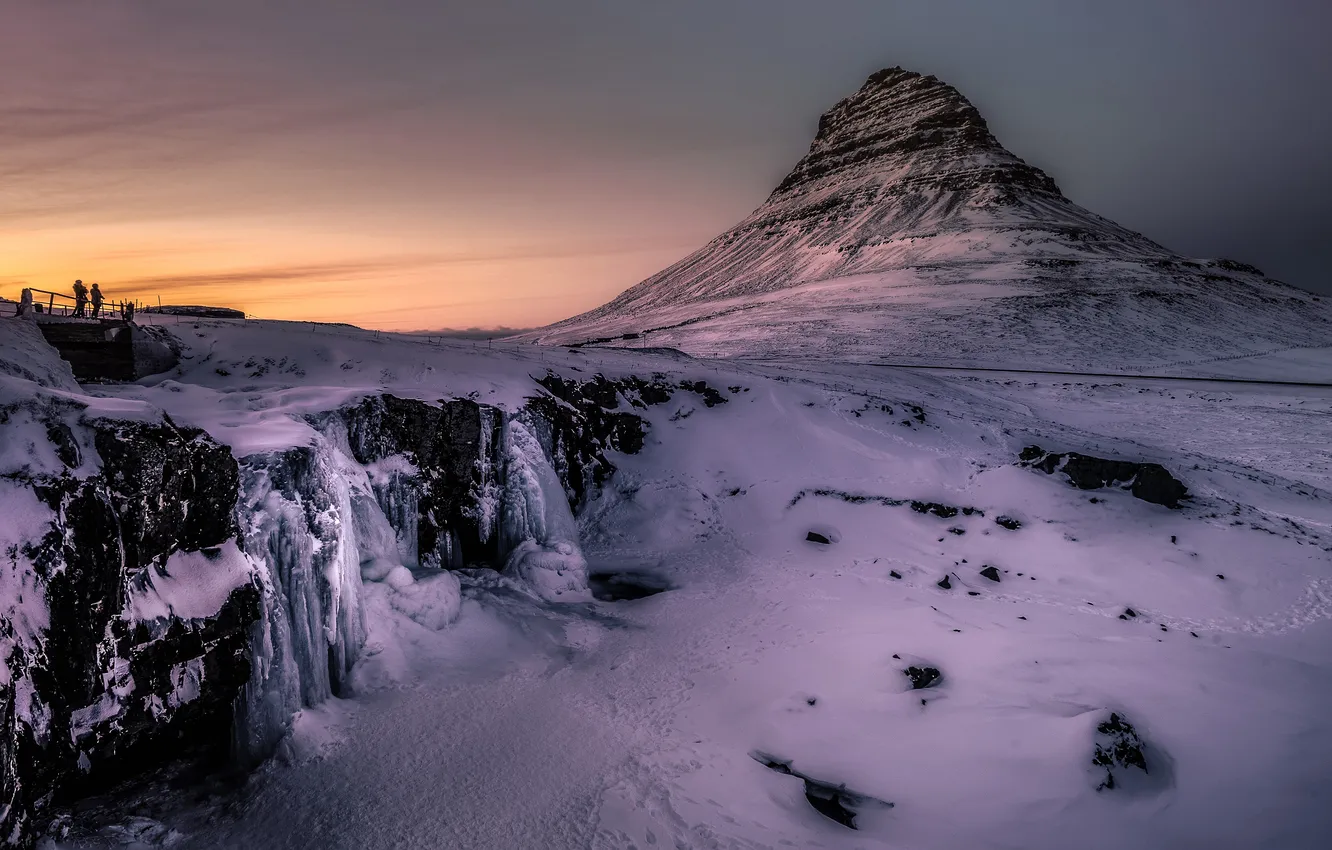 Photo wallpaper winter, snow, mountains, rocks, waterfall, the volcano, slope, Iceland