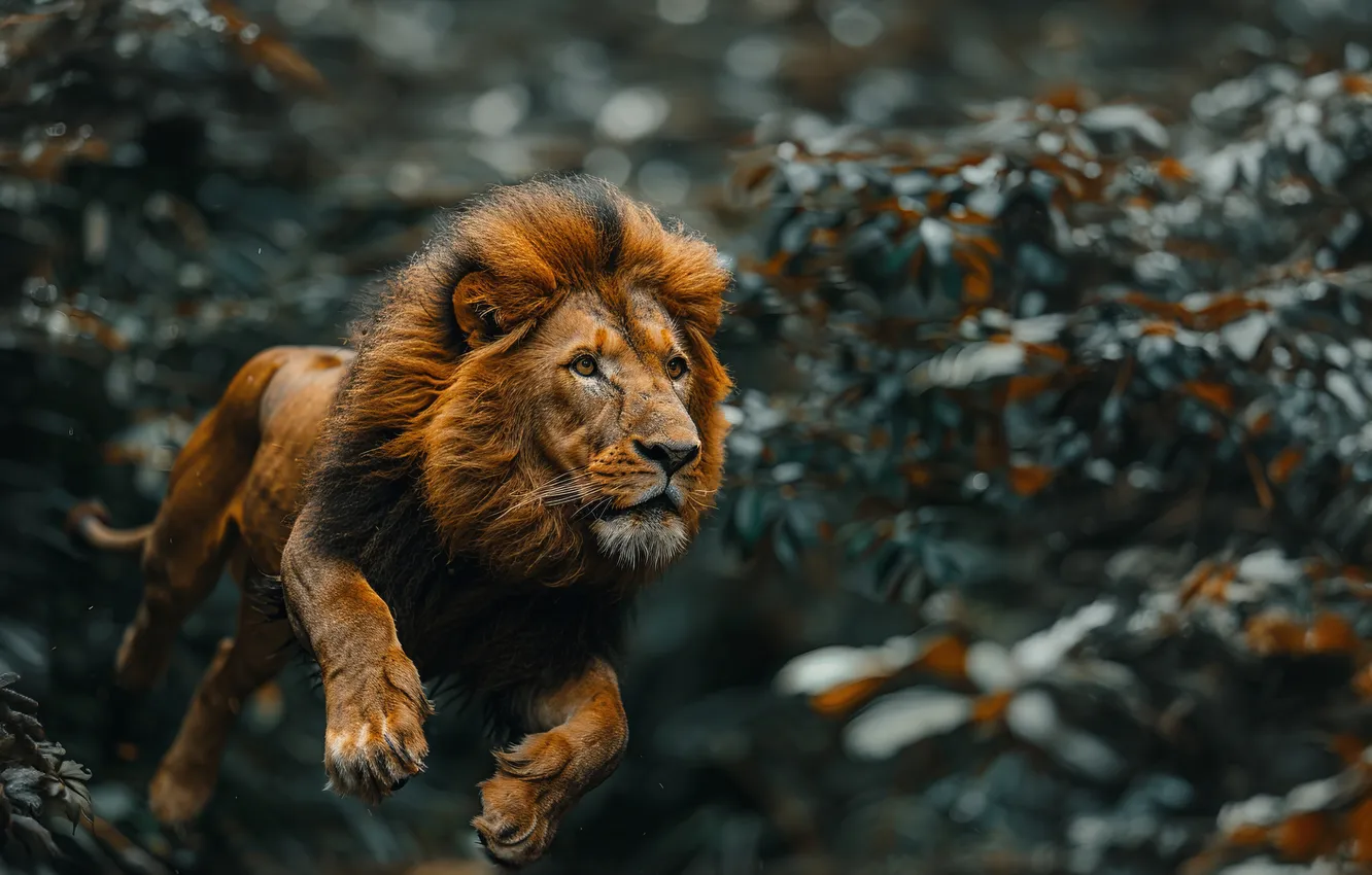 Photo wallpaper jump, predator, Leo, running, big cat, digital art, AI art, The Art of Artificial Intelligence