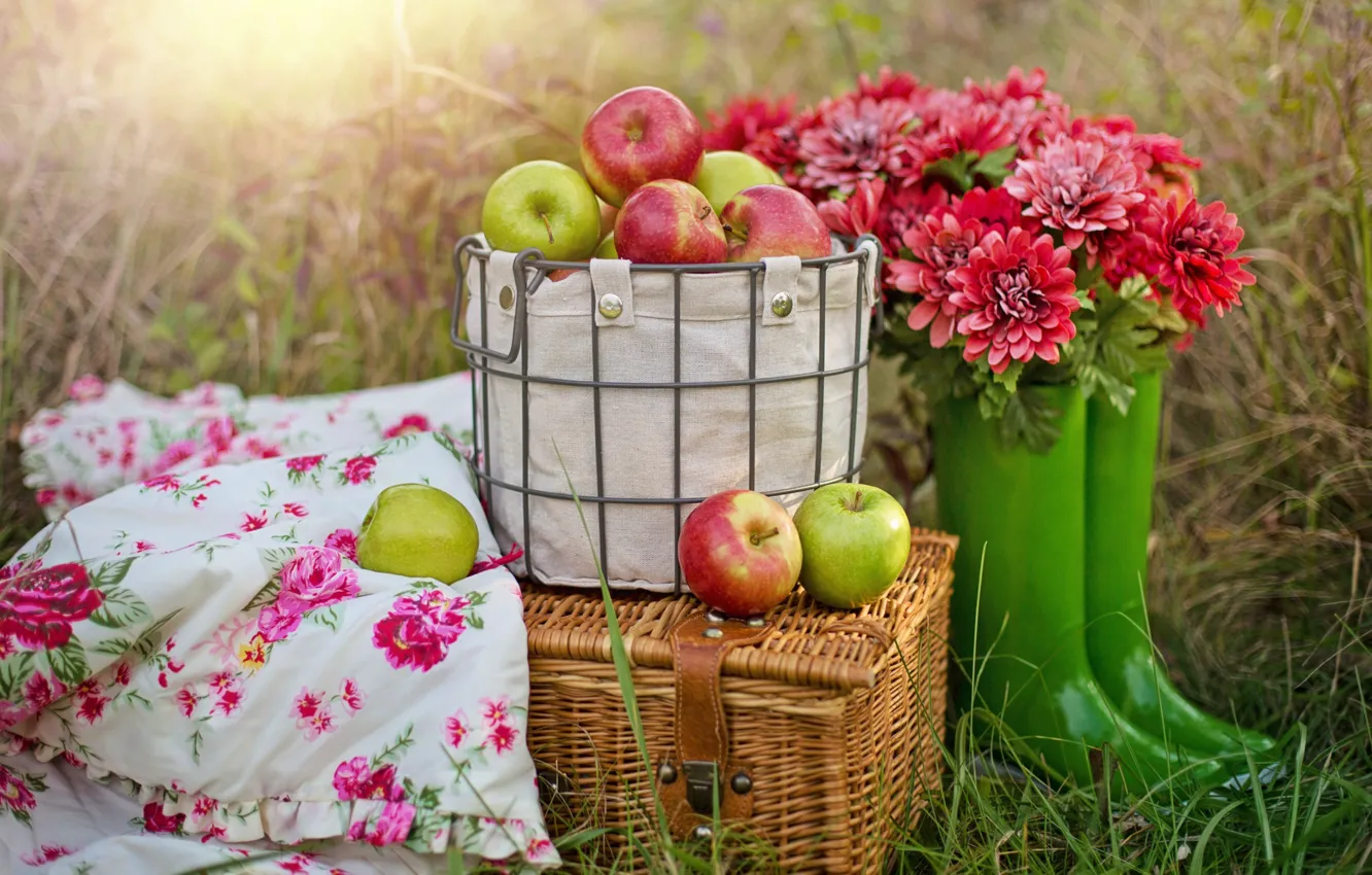 Photo wallpaper autumn, grass, flowers, basket, apples, boots, fruit, picnic