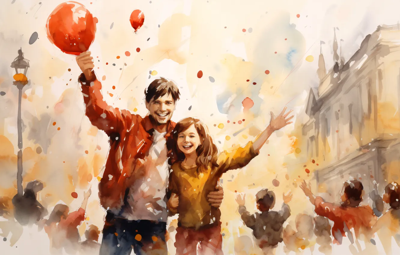 Photo wallpaper girl, smile, balloon, people, guy, digital art, imitation painting, AI art
