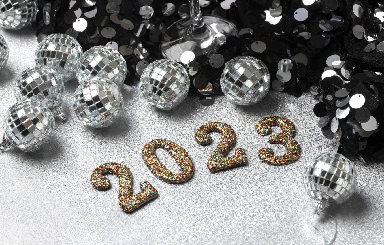 Photo wallpaper balls, lights, holiday, black, silver, Shine, glass, new year