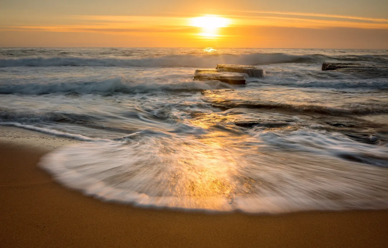 Photo wallpaper sea, wave, beach, foam, sunset