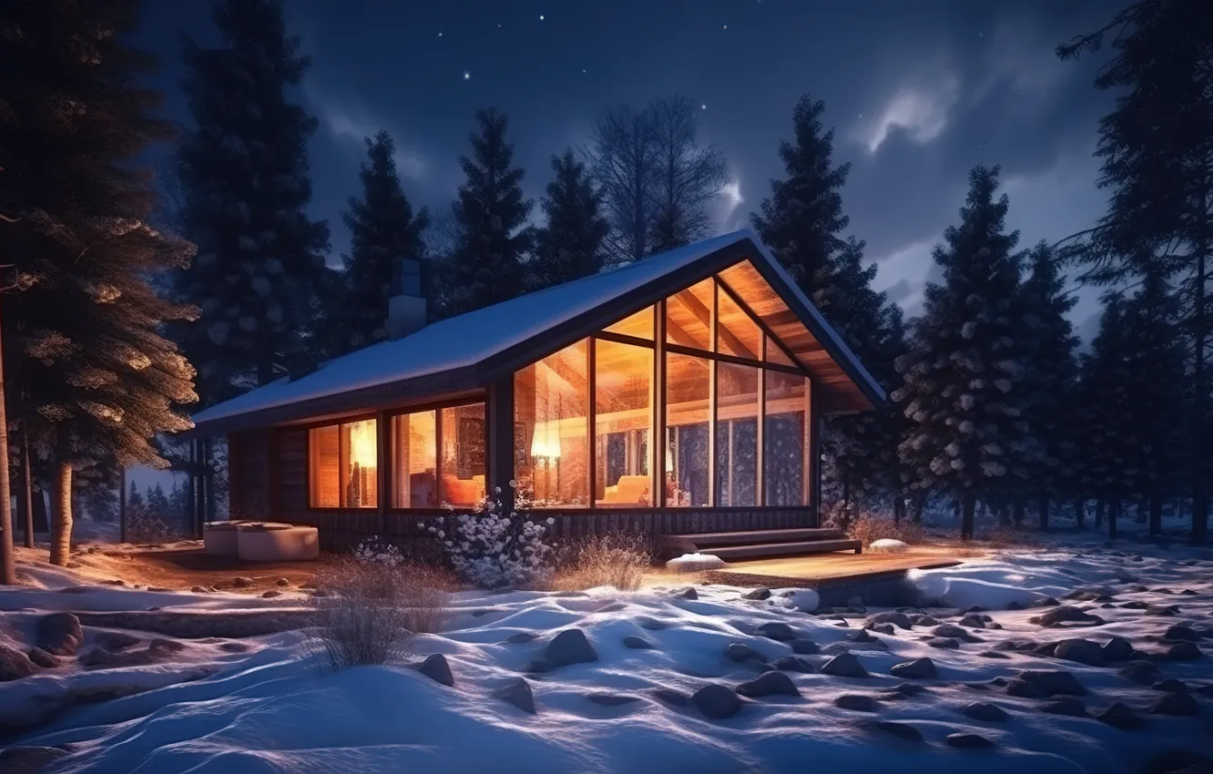Photo wallpaper winter, forest, snow, night, house, hut, christmas, forest
