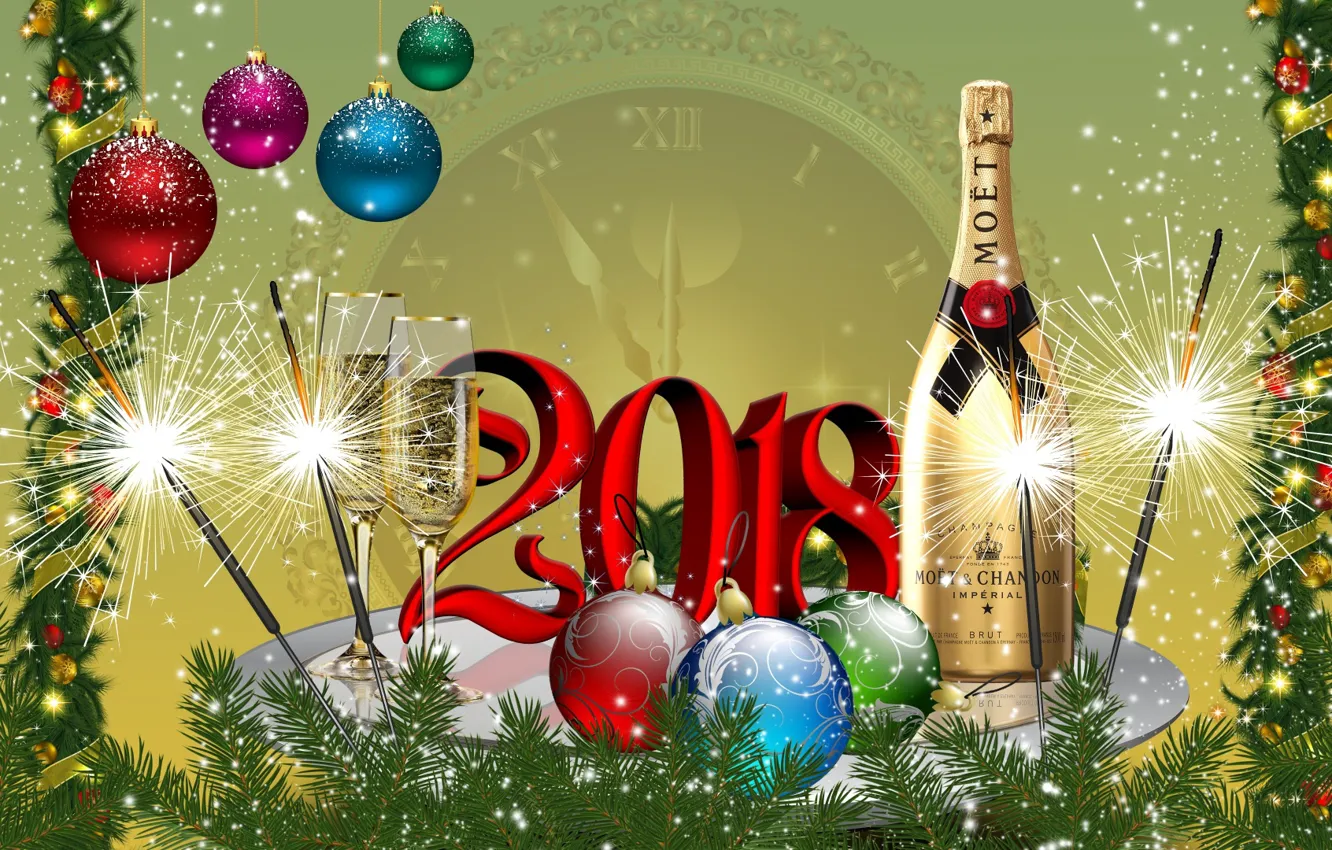 Photo wallpaper balls, graphics, tree, New year, champagne, 2018
