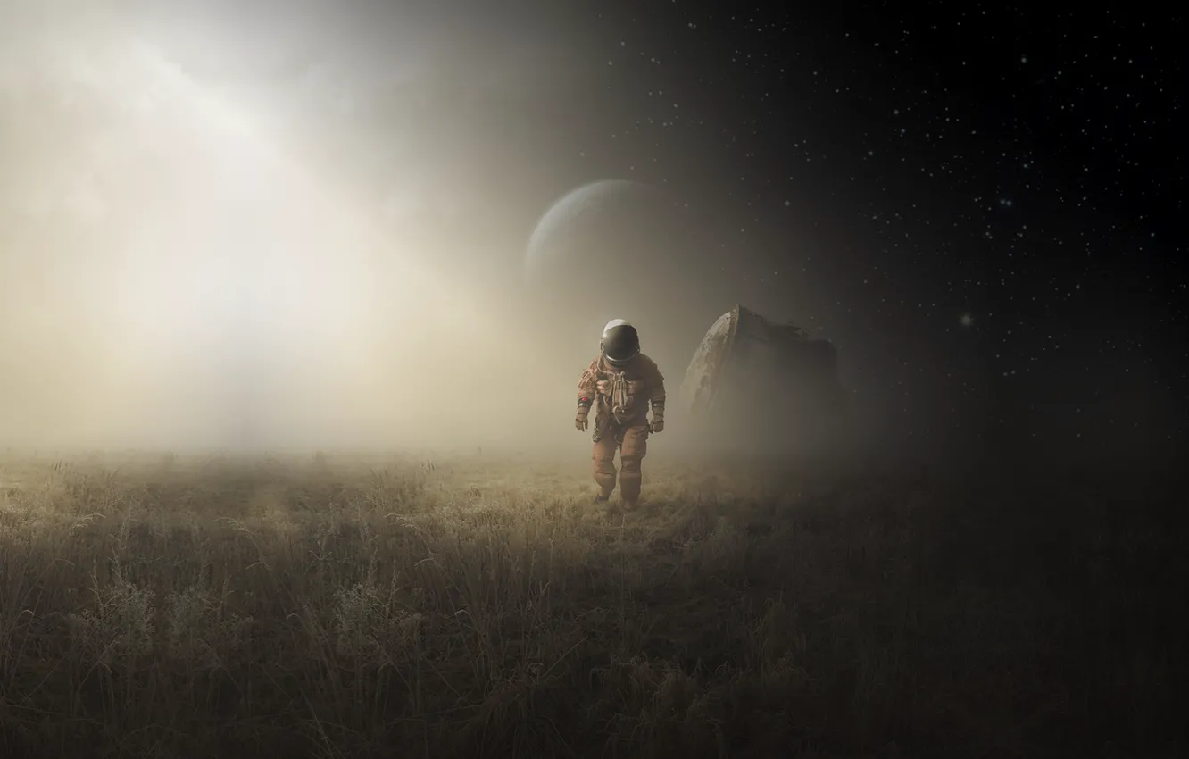 Photo wallpaper moon, field, art, man, astronaut, capsule landing
