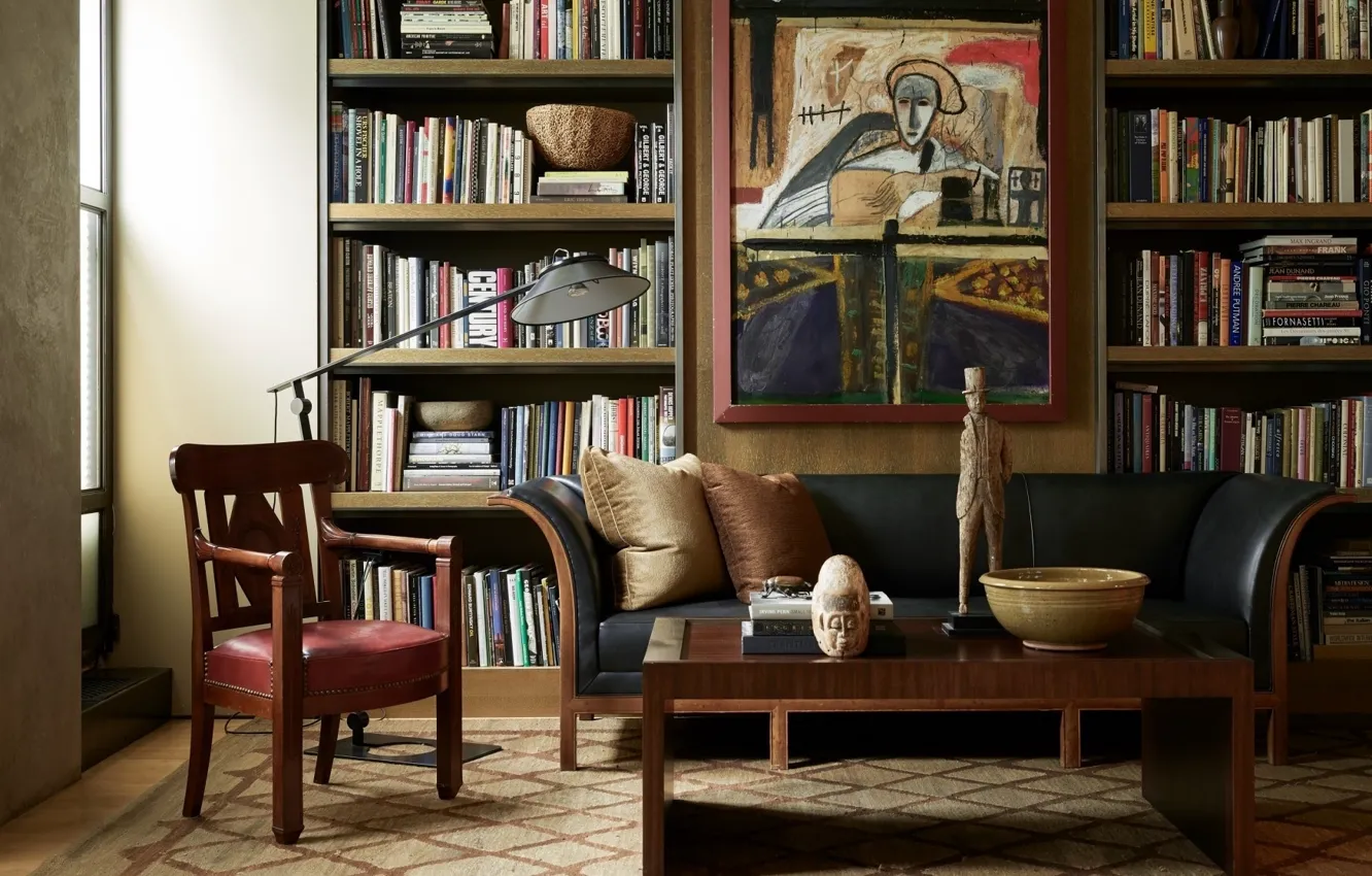 Photo wallpaper interior, picture, chair, library, sofa, living room, art-deco interior design