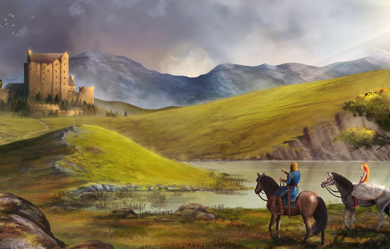 Photo wallpaper girl, landscape, lake, castle, hills, horses, art, guy