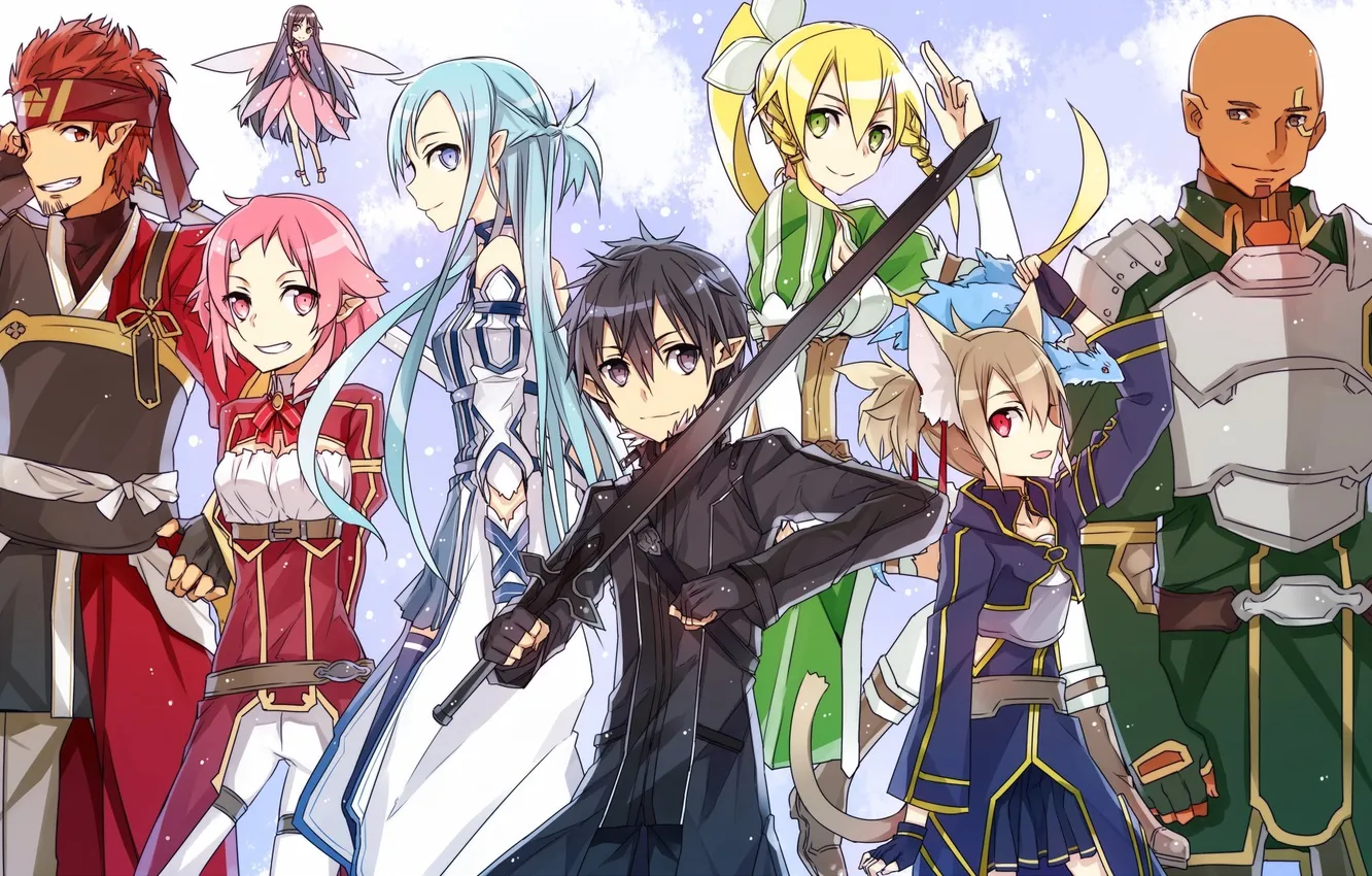 Photo wallpaper look, snowflakes, weapons, background, girls, sword, guys, heroes