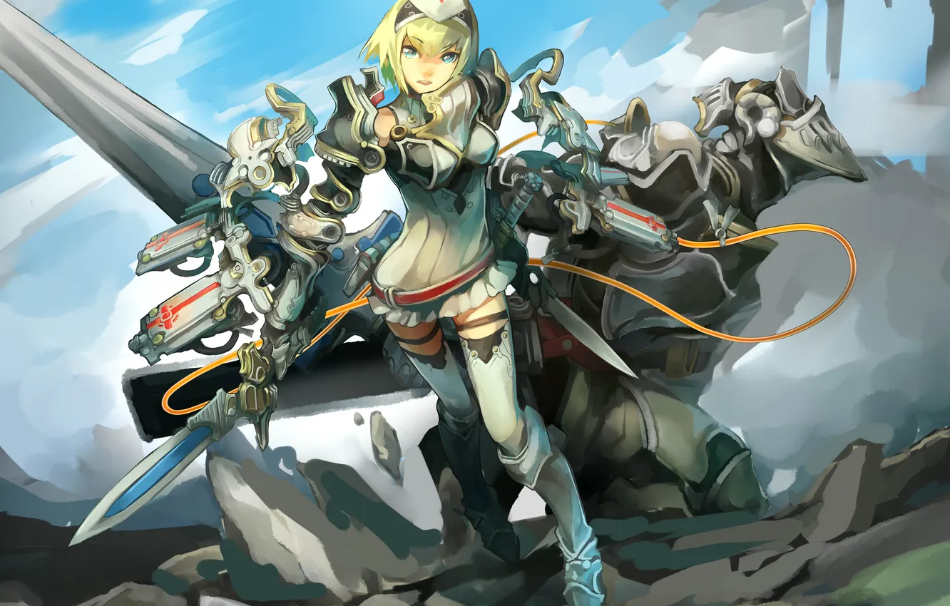 Photo wallpaper girl, weapons, robot, art, fur, cocoaore