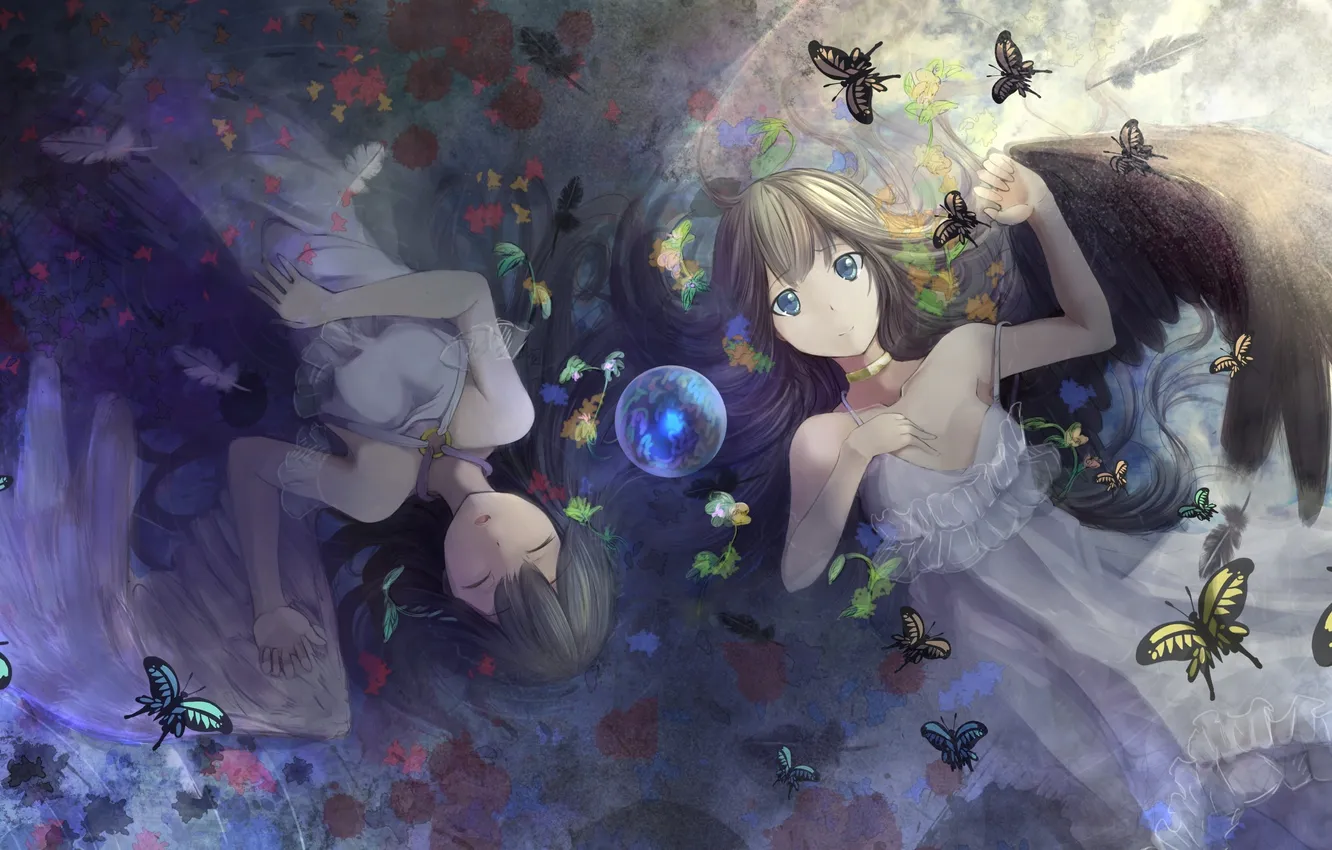 Photo wallpaper water, girl, butterfly, wings, anime, feathers, art, koroneko p0w0q