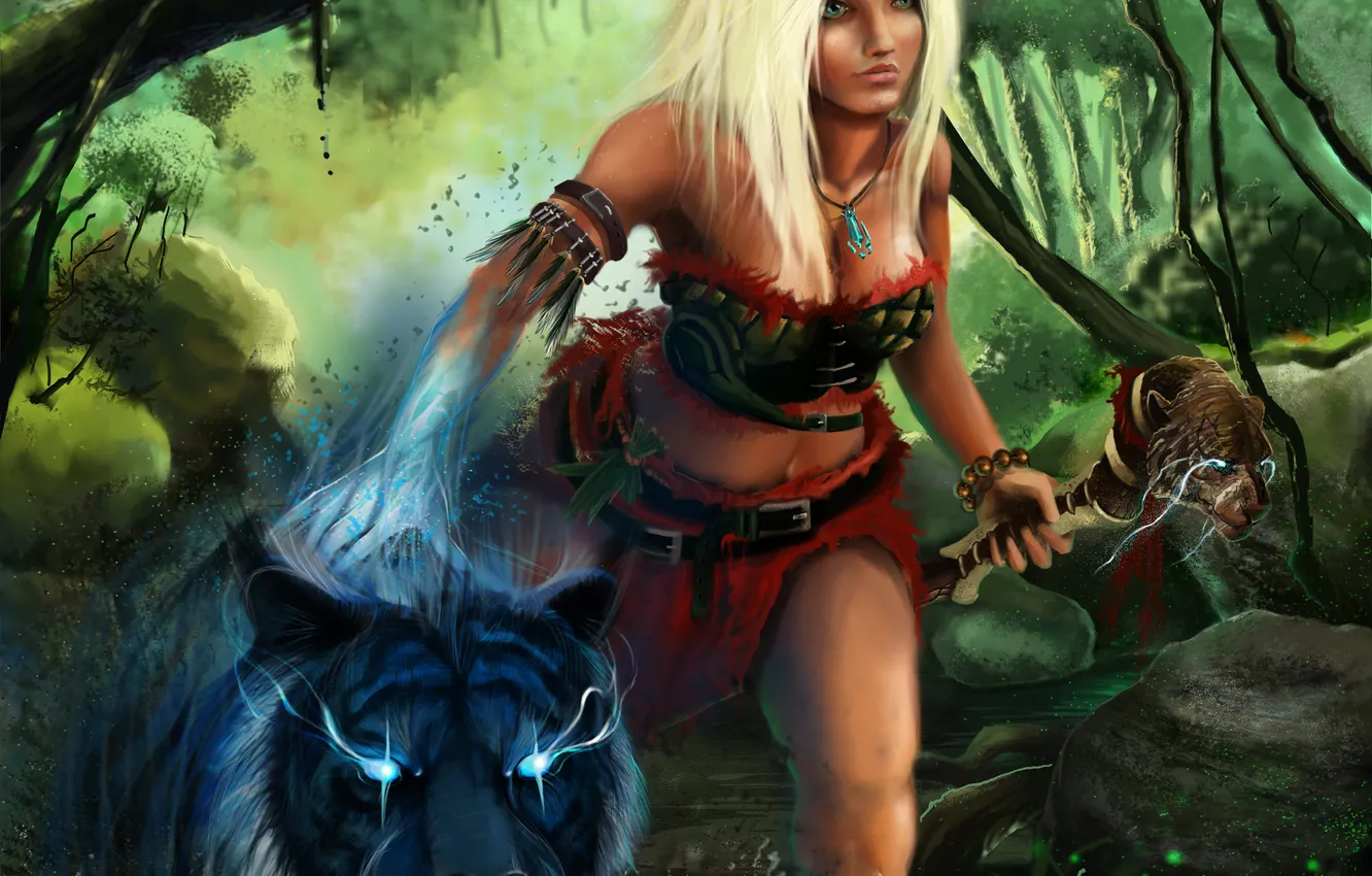 Photo wallpaper forest, girl, tiger, magic, staff