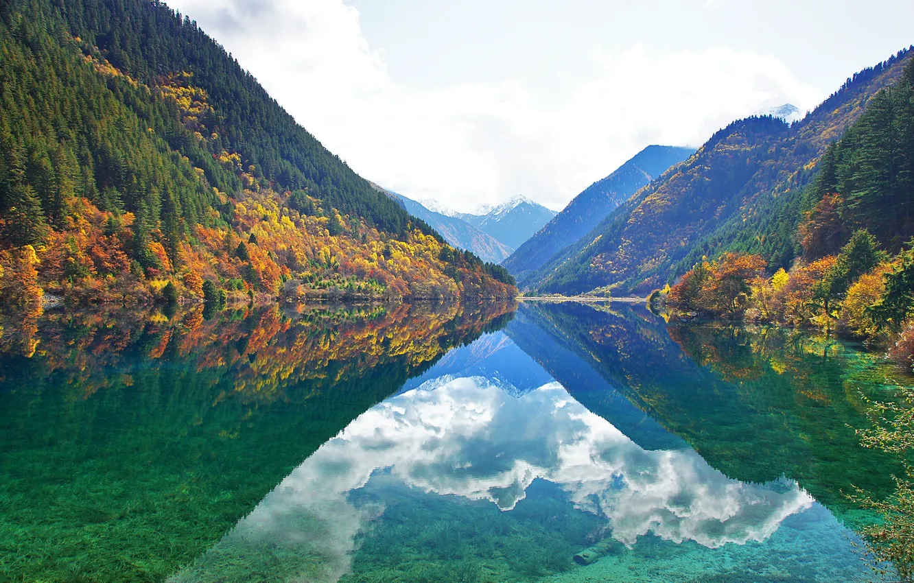 Photo wallpaper the sky, clouds, mountains, reflection, mirror, the fjord