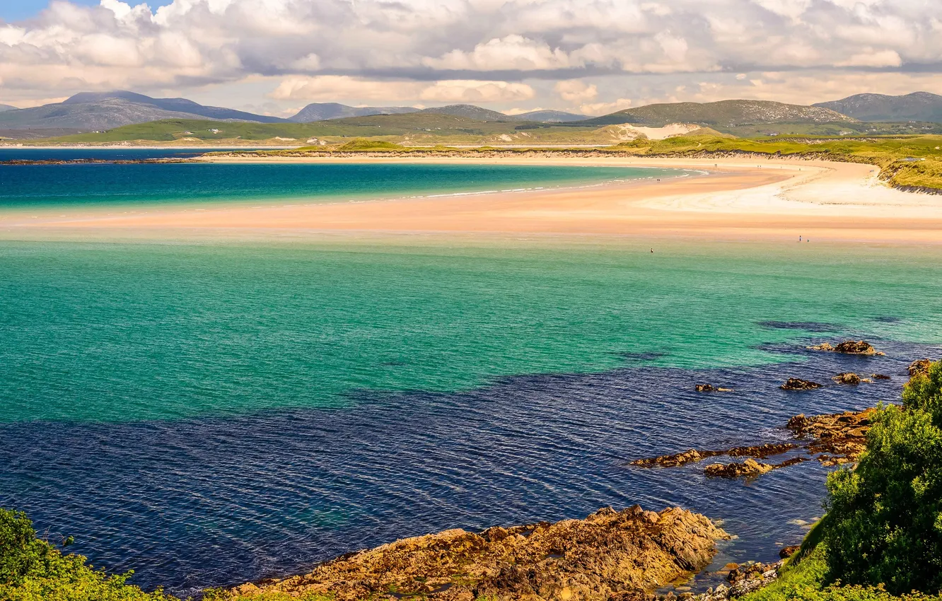 Photo wallpaper sea, the sky, clouds, mountains, shore