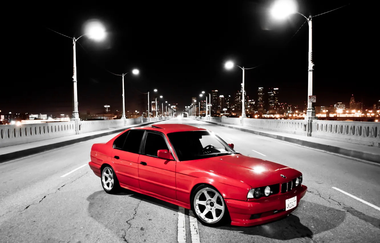 Photo wallpaper night, bridge, the city, BMW, BMW, red, red, E34