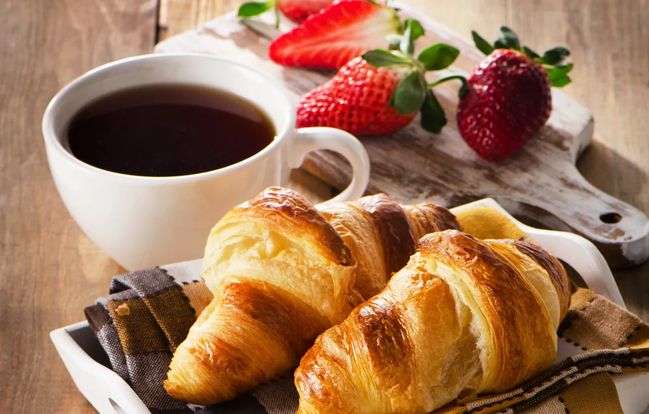 Photo wallpaper croissant, baking, coffee, coffee, growing, strawberry