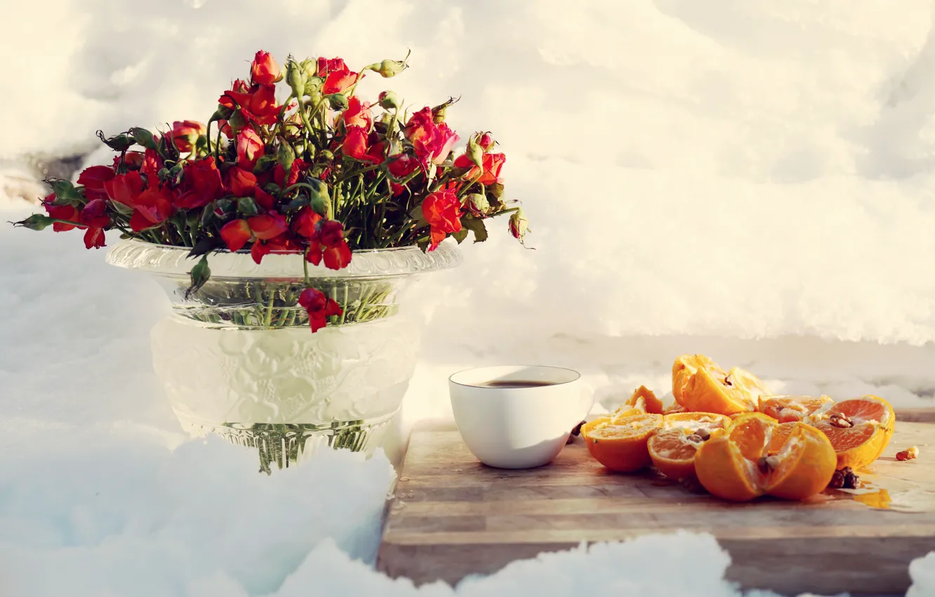 Photo wallpaper flowers, snow, coffee, oranges