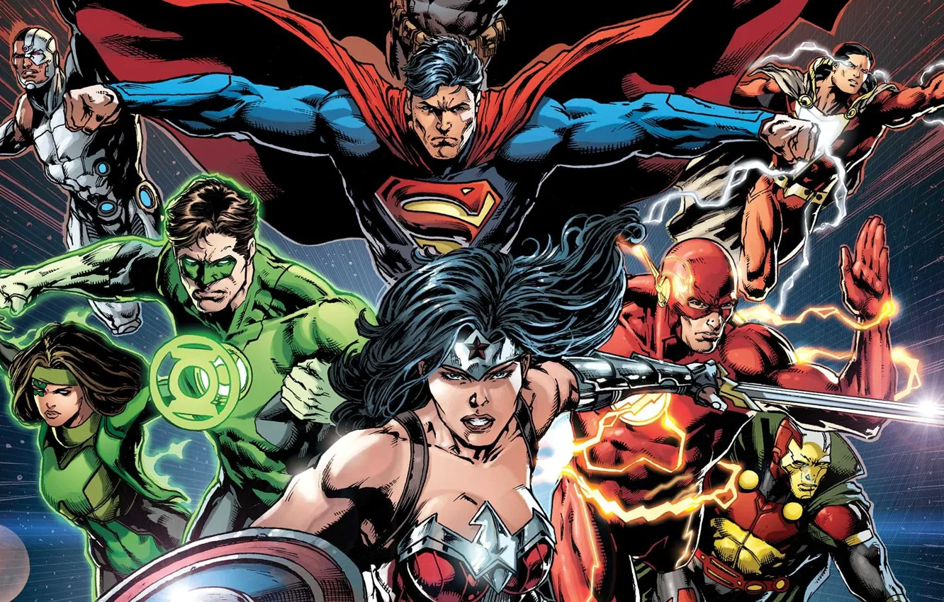 Photo wallpaper Sword, Heroes, Costume, Superman, Comic, Heroes, Cloak, Wonder Woman