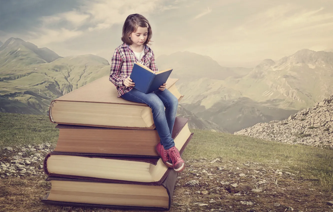Photo wallpaper mountains, nature, books, girl, reading
