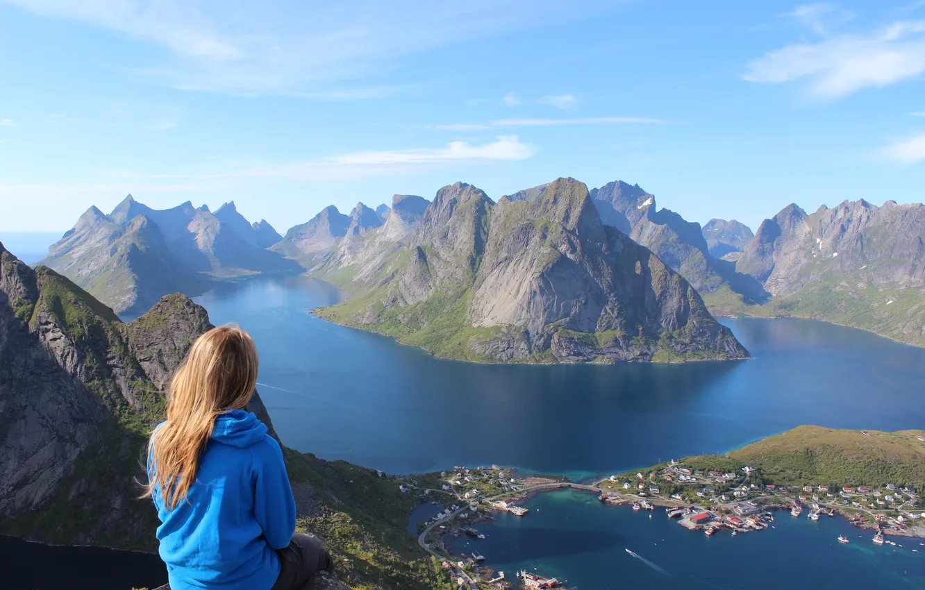 Photo wallpaper the sky, girl, mountains, nature, lake, river