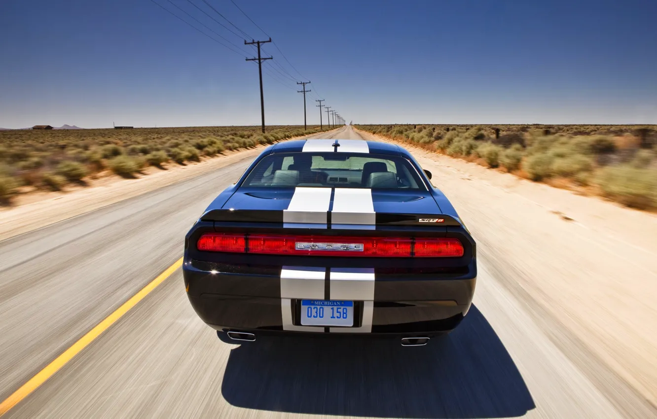 Photo wallpaper the sky, Road, Black, Strip, Machine, Day, Dodge, challenger