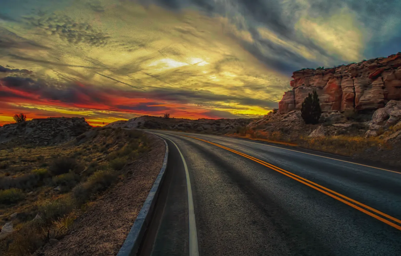 Photo wallpaper road, sunset, mountains