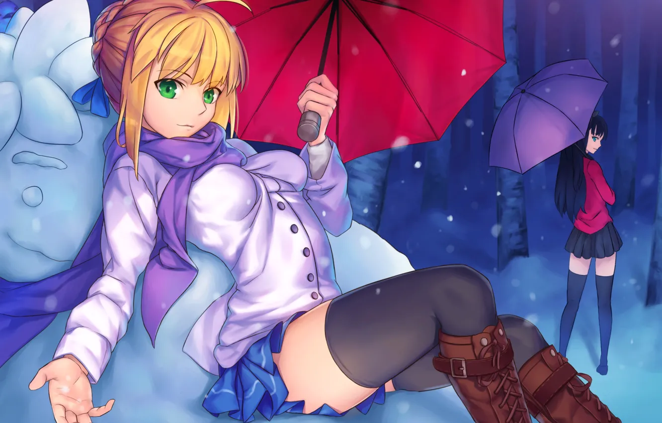 Photo wallpaper girl, umbrella, Rin, the saber, Artoria Pendragon, Fate stay night, Fate / Stay Night