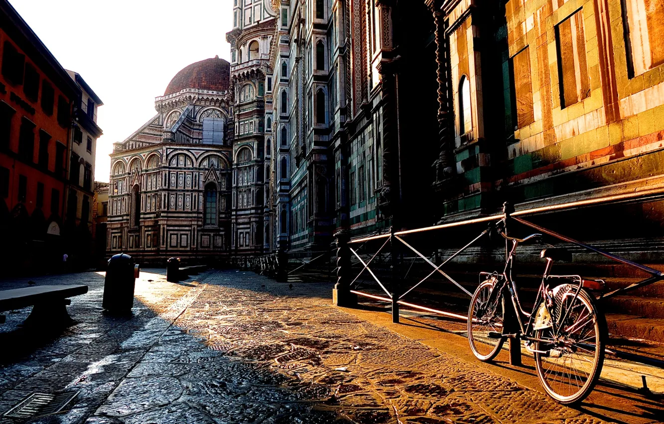 Photo wallpaper bike, the city, sunrise, street, building, home, morning, fence